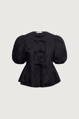 PUFF SLEEVE COTTON POPLIN BOW FRONT BLOUSE