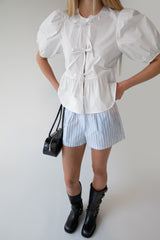 PUFF SLEEVE COTTON POPLIN BOW FRONT BLOUSE