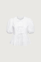 PUFF SLEEVE COTTON POPLIN BOW FRONT BLOUSE