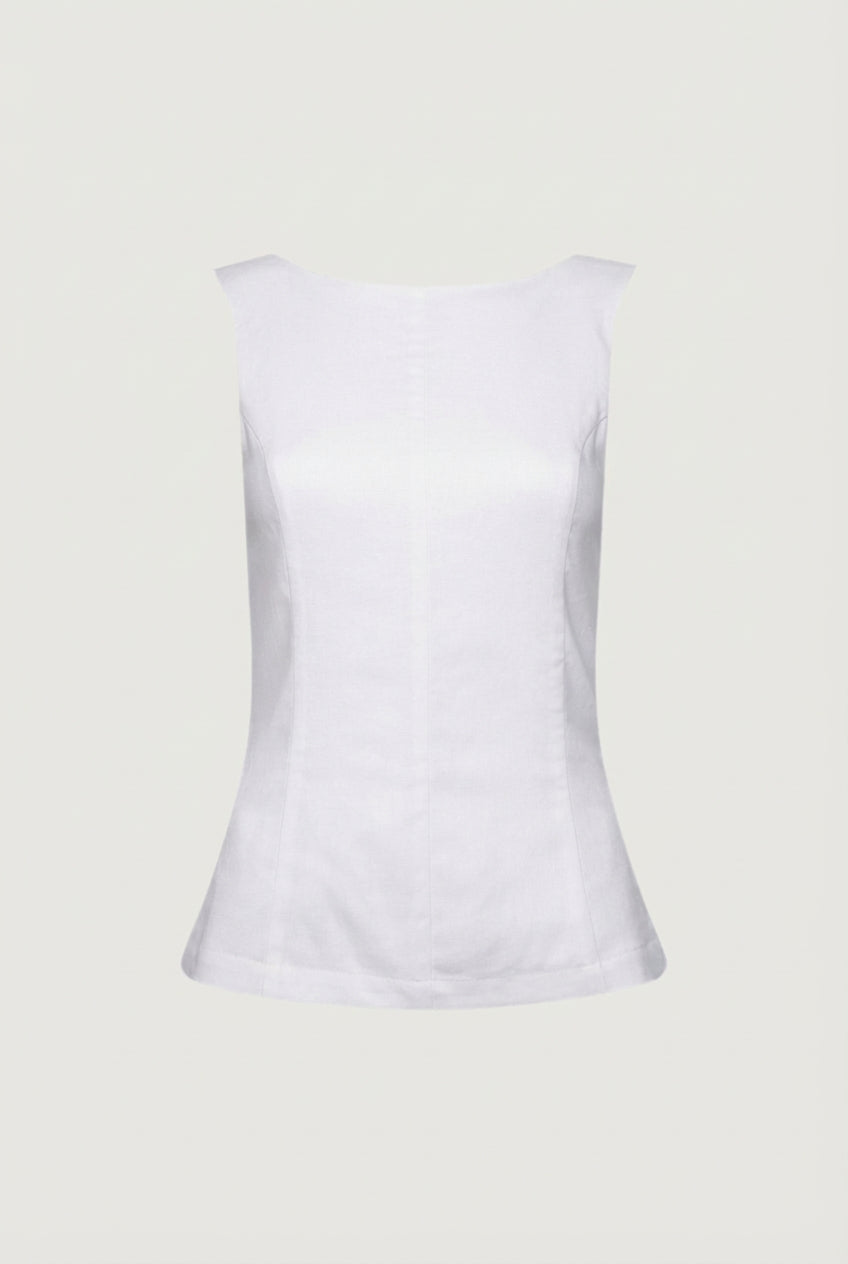 LINEN BLEND HIGH NECKLINE SLEEVELESS TOP