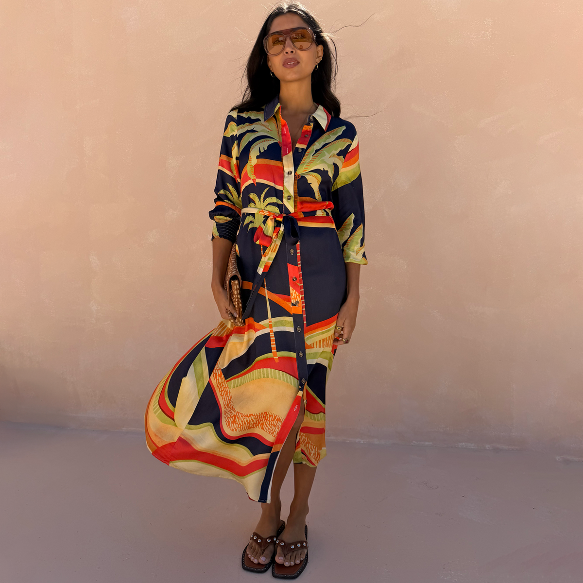 Blue Palm Shirt Dress