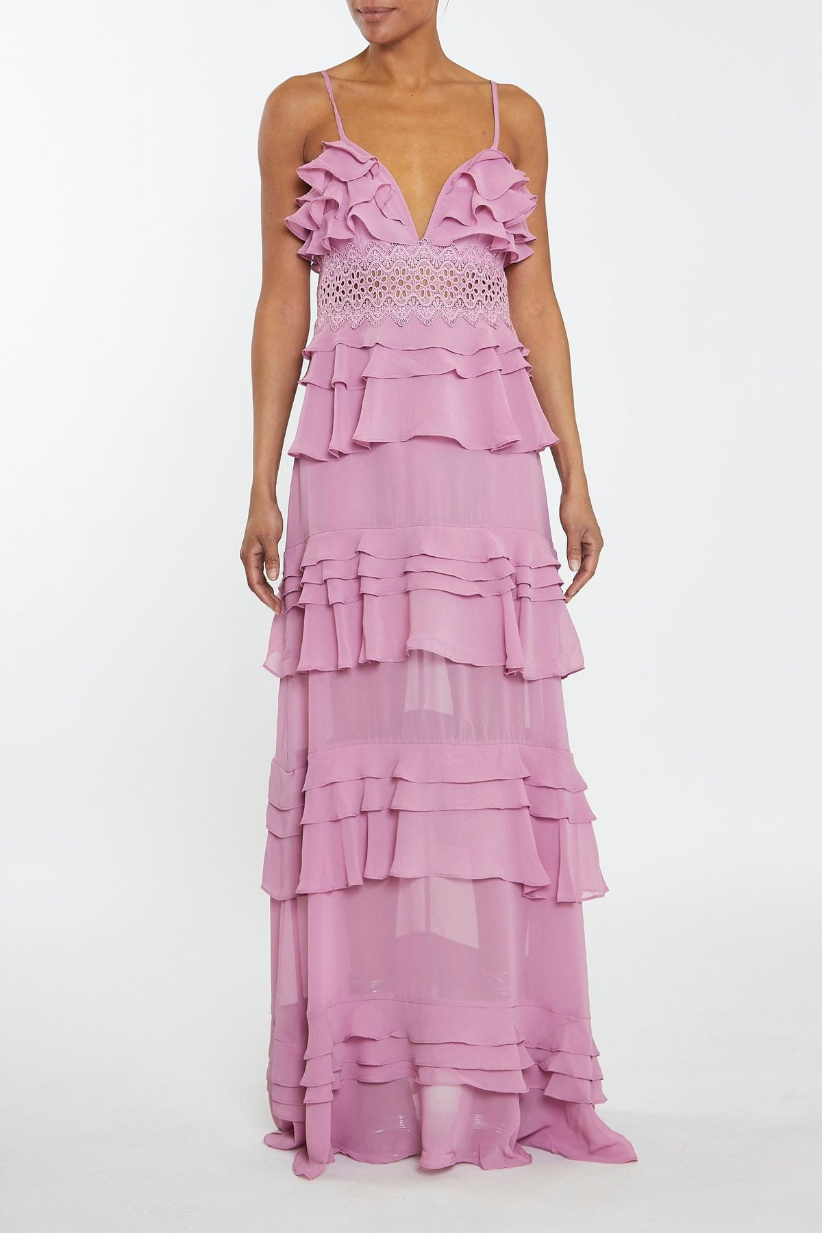 true Decadence Sophia Orchid Plunge Front Tiered Ruffle Maxi-Dress