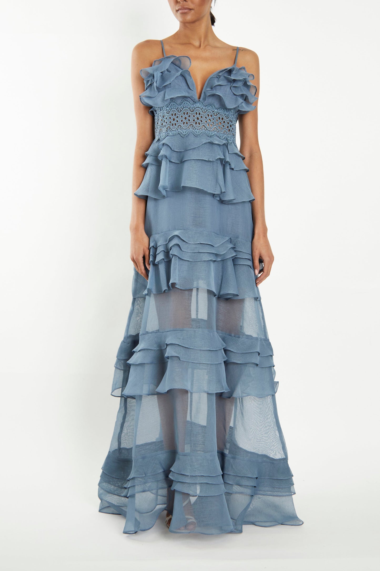 True Decadence Sophia Light Steel Blue Tiered Ruffle Maxi Dress