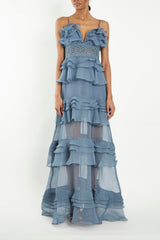 True Decadence Sophia Light Steel Blue Tiered Ruffle Maxi Dress