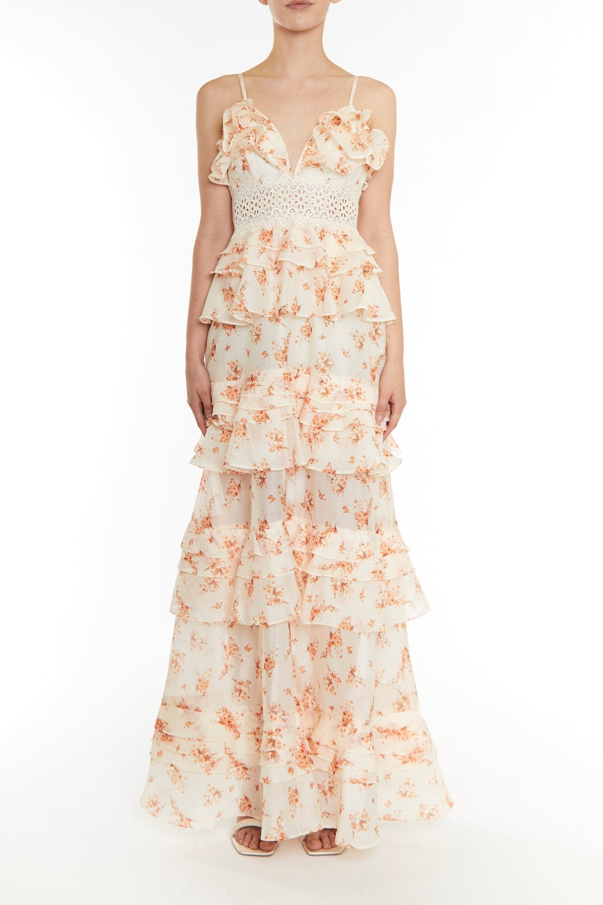 true Decadence Sophia Cream Orange Floral Plunge Front Tiered Ruffle Maxi-Dress