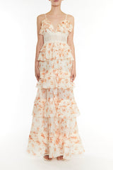 true Decadence Sophia Cream Orange Floral Plunge Front Tiered Ruffle Maxi-Dress
