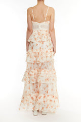 true Decadence Sophia Cream Orange Floral Plunge Front Tiered Ruffle Maxi-Dress