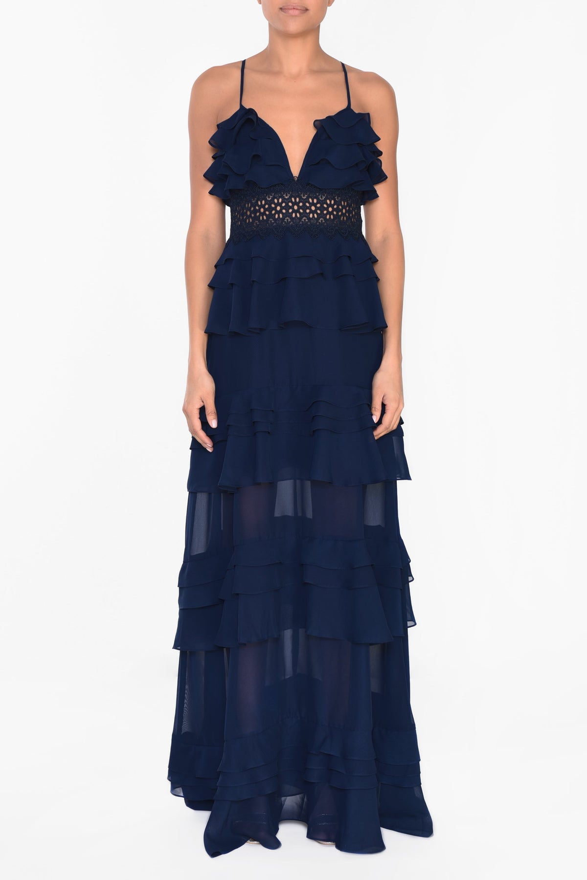 True Decadence Sophia Navy Tiered Ruffle Maxi Dress
