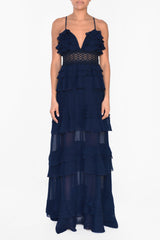 True Decadence Sophia Navy Tiered Ruffle Maxi Dress