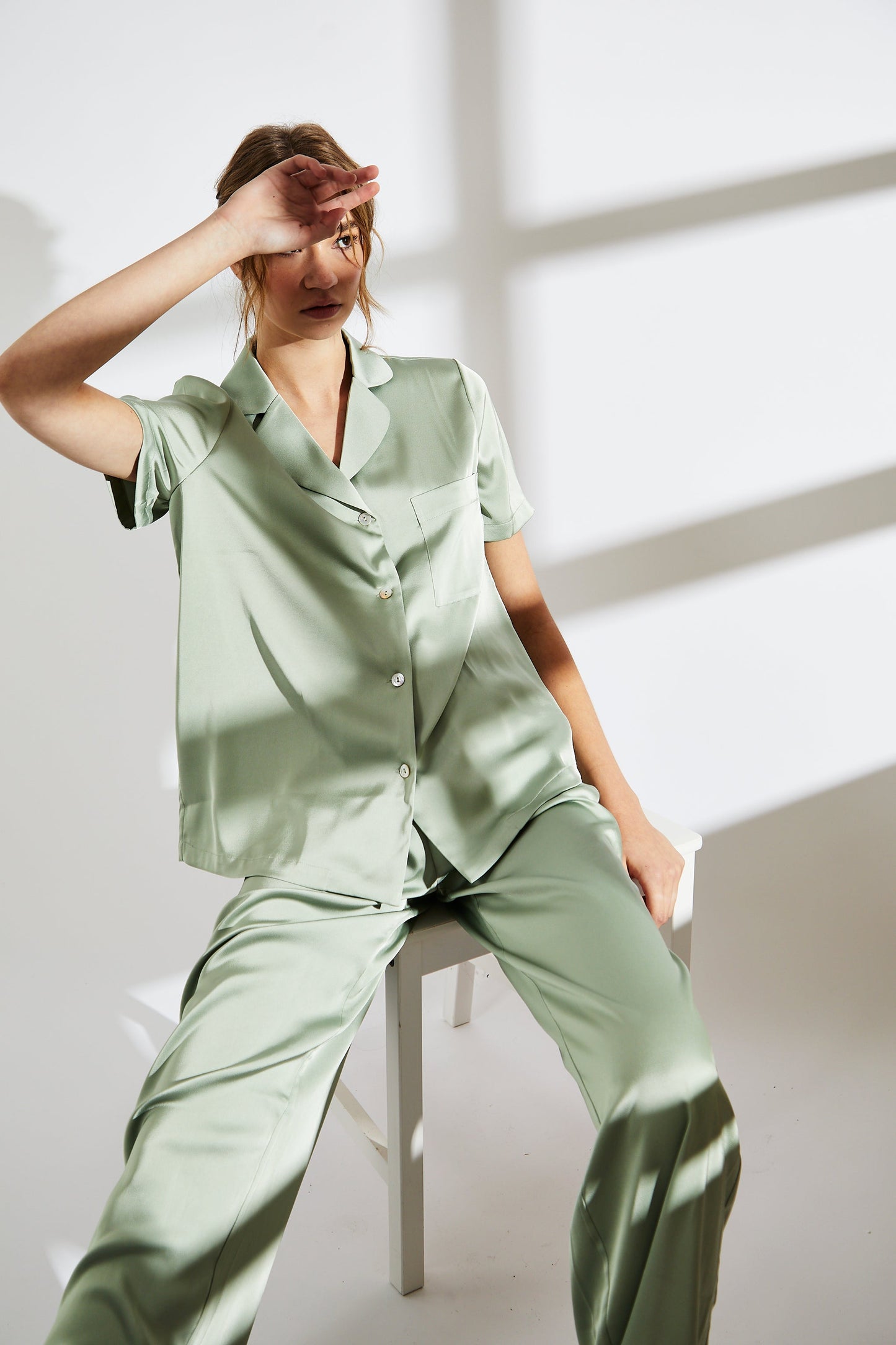 True Decadence Sage Green Satin Pyjama Set