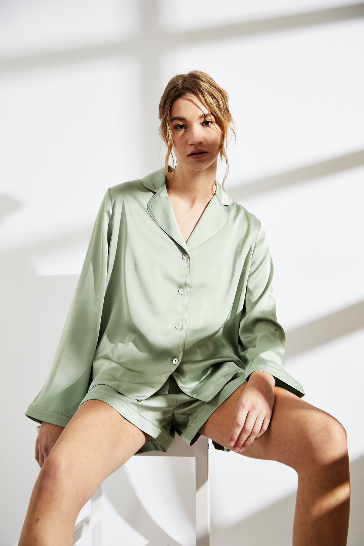 True Decadence Sage Green Trim Short Satin Pyjama Set