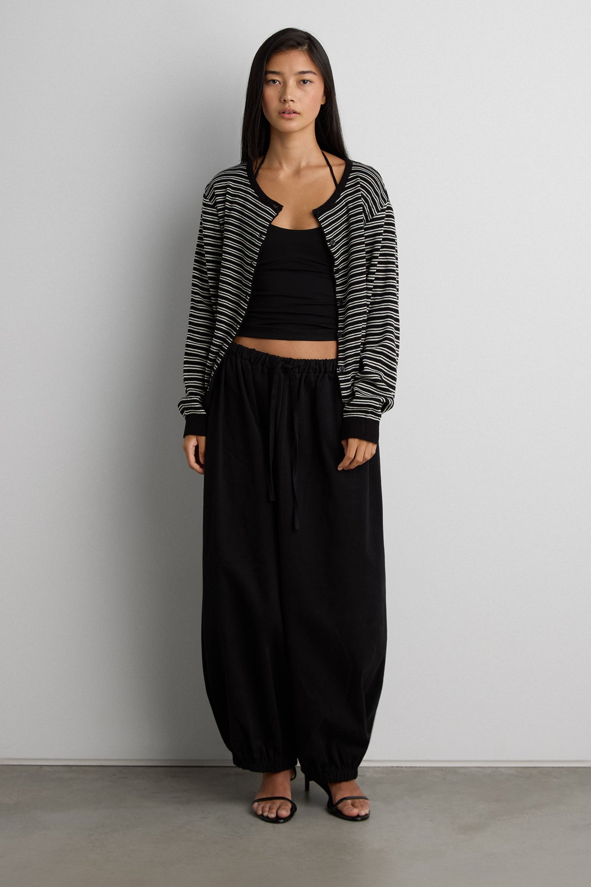 STRIPED ROUND NECK BUTTON UP CARDIGAN