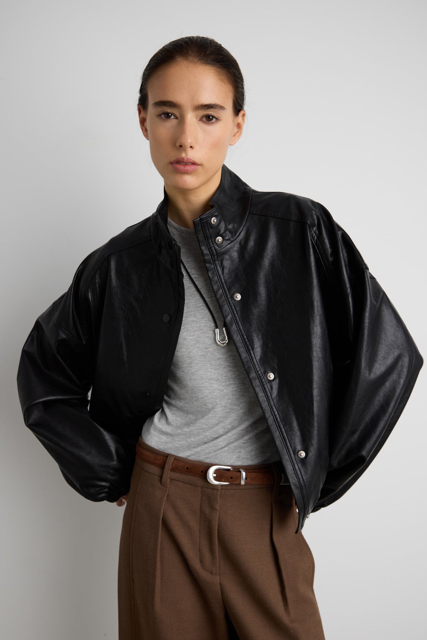 VEGAN LEATHER FUNNEL NECK BOMBER JACKET