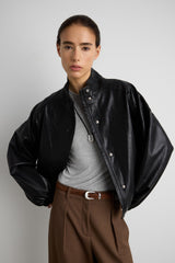 VEGAN LEATHER FUNNEL NECK BOMBER JACKET