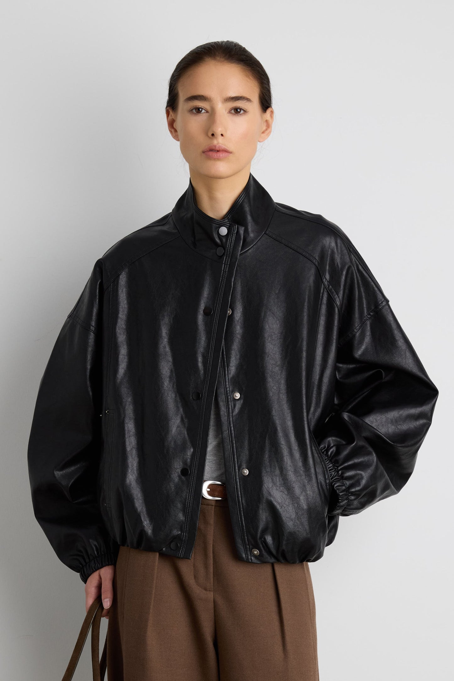 VEGAN LEATHER FUNNEL NECK BOMBER JACKET