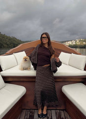 Polka Dot Satin Skirt with Lace Detail in Dark Brown