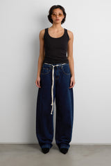 HIGH RISE BARREL LEG JEAN WITH SHOELACE BELT