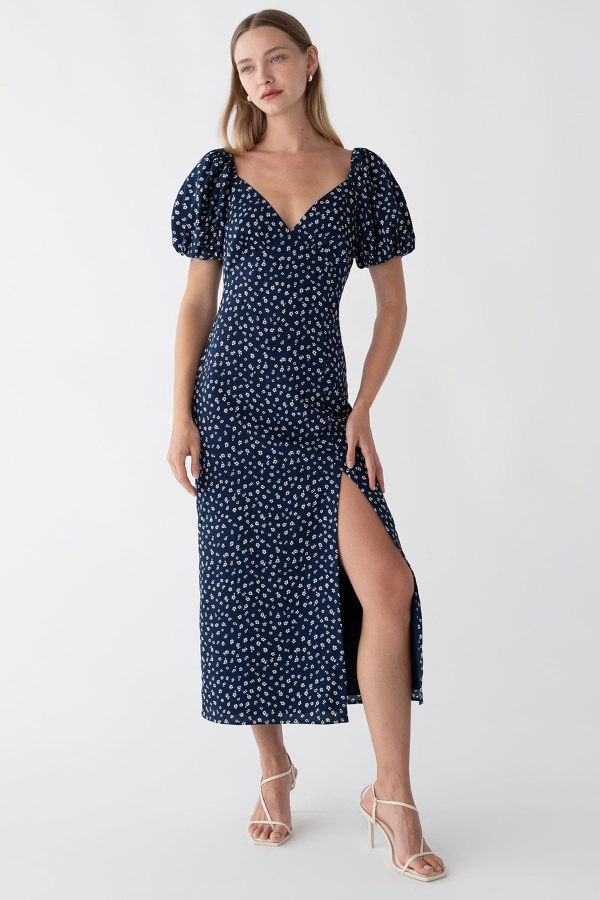 PUFF SLEEVE FLORAL MIDI DRESS