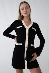 CONTRAST TRIM BUTTON FRONT KNIT MINI DRESS