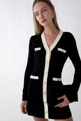 CONTRAST TRIM BUTTON FRONT KNIT MINI DRESS