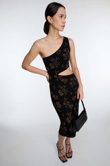 ONE SHOULDER KNIT FLORAL MIDI DRESS WITH CUTOUT