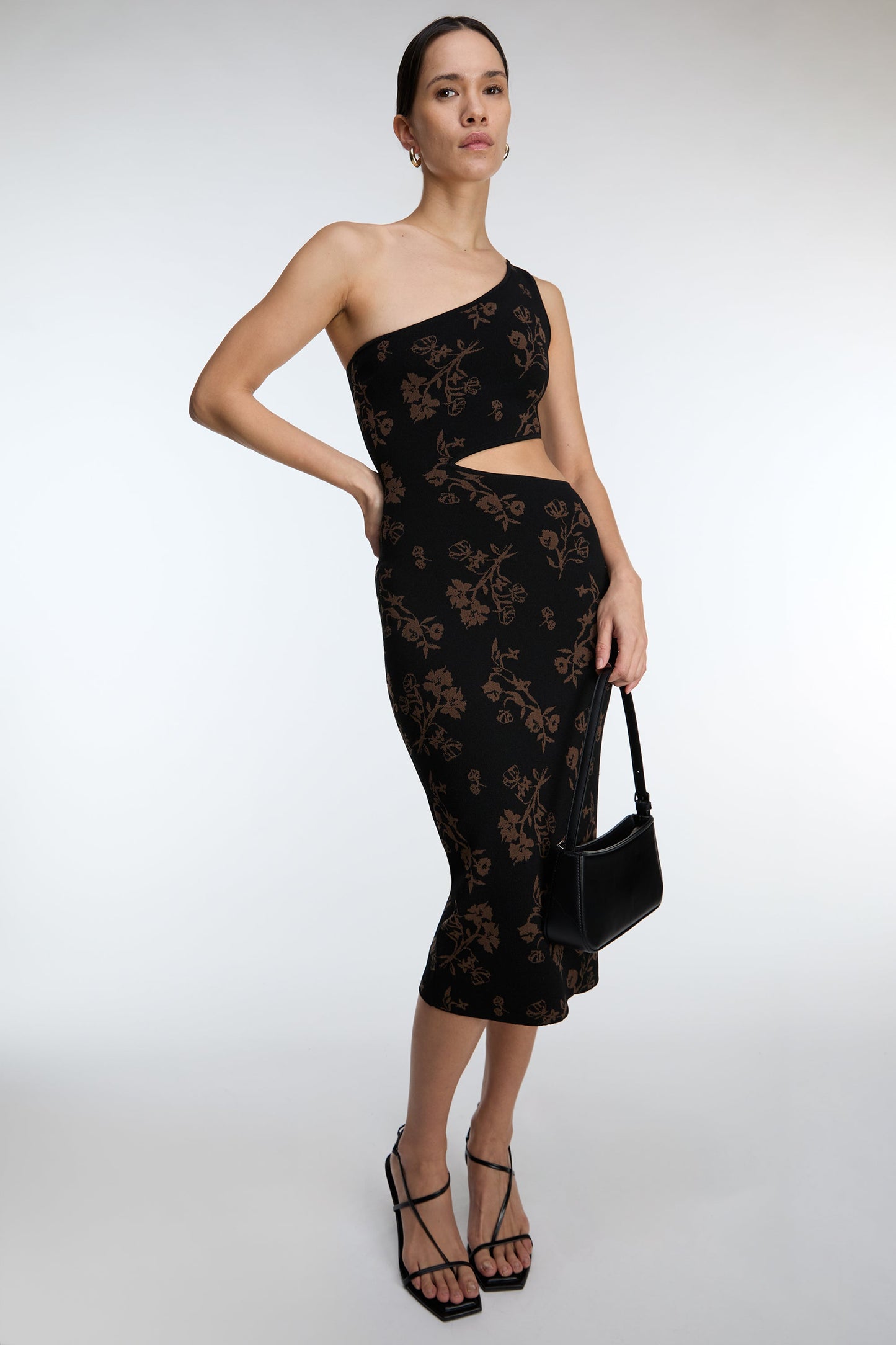 ONE SHOULDER KNIT FLORAL MIDI DRESS WITH CUTOUT