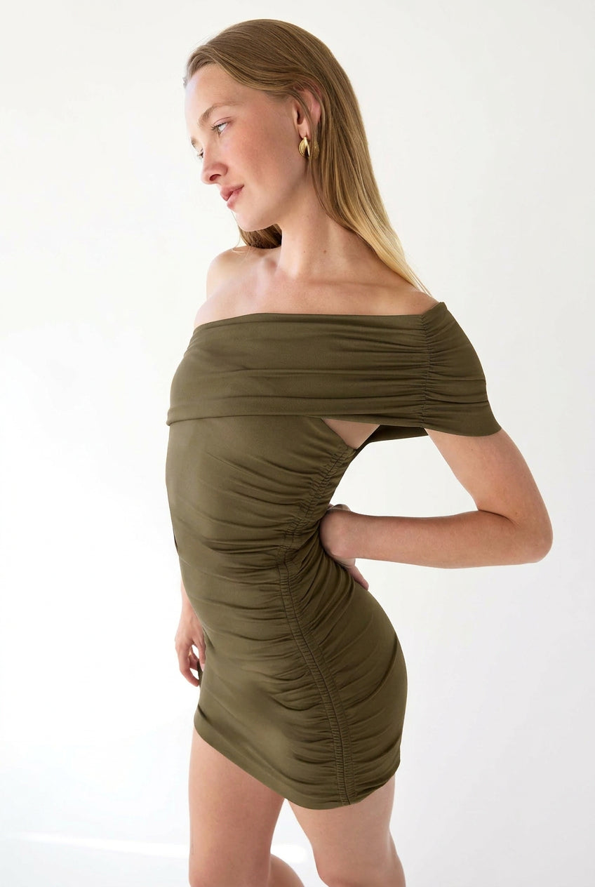 OFF THE SHOULDER RUCHED MINI DRESS