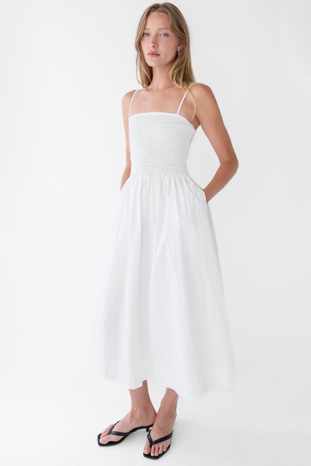 SMOCKED POPLIN MIDI DRESS