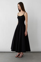 SHIRRED COTTON POPLIN MIDI DRESS