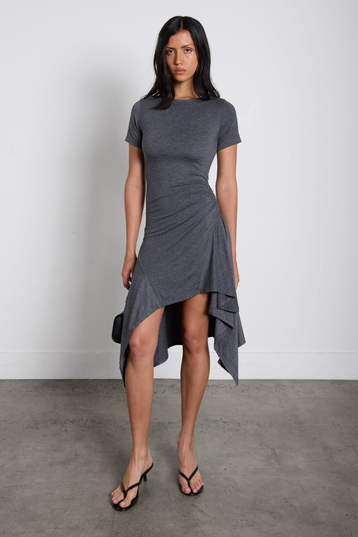 ASYMMETRICAL RUFFLE HEM MIDI DRESS