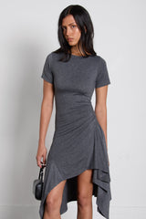 ASYMMETRICAL RUFFLE HEM MIDI DRESS