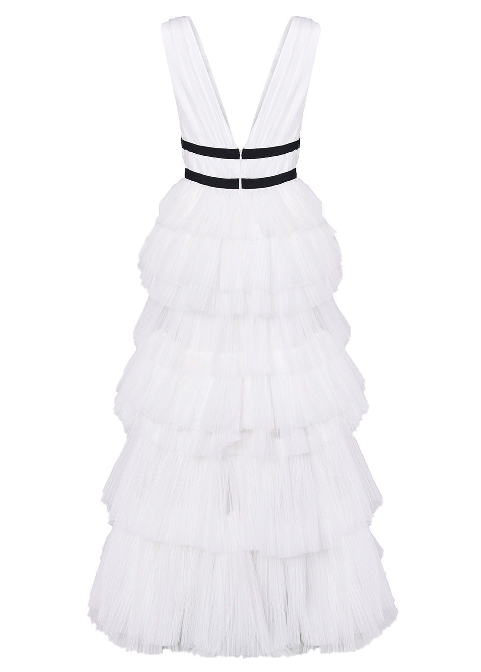 true Decadence Eliza White Fully Lined Plunging Neck Maxi Dress with Layered Tulle Skirt