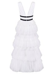 true Decadence Eliza White Fully Lined Plunging Neck Maxi Dress with Layered Tulle Skirt