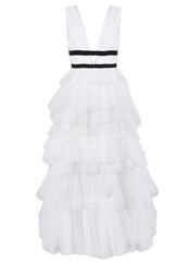true Decadence Eliza White Fully Lined Plunging Neck Maxi Dress with Layered Tulle Skirt
