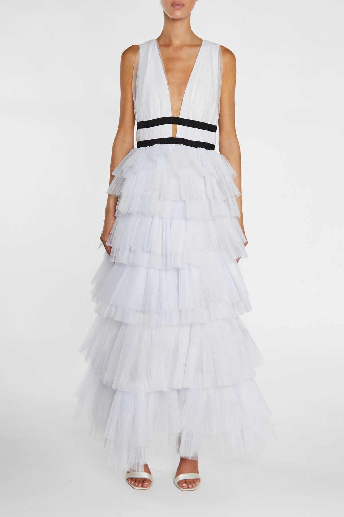 true Decadence Eliza White Fully Lined Plunging Neck Maxi Dress with Layered Tulle Skirt