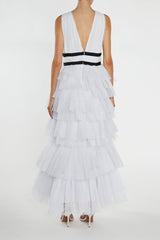true Decadence Eliza White Fully Lined Plunging Neck Maxi Dress with Layered Tulle Skirt