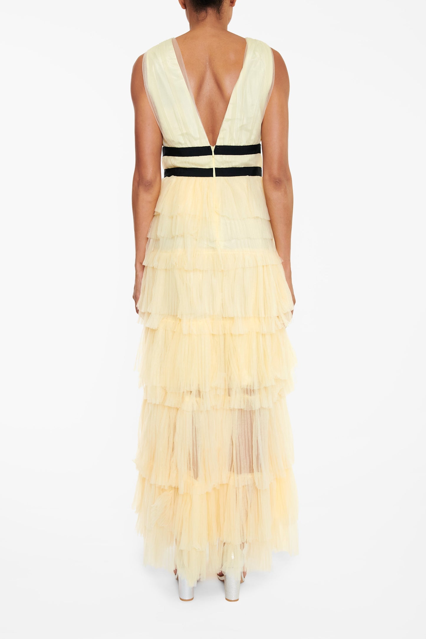 true Decadence Eliza Pale Yellow Plunging Neck Layered Tulle Skirt Maxi-Dress