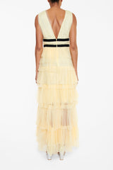 true Decadence Eliza Pale Yellow Plunging Neck Layered Tulle Skirt Maxi-Dress