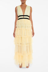 true Decadence Eliza Pale Yellow Plunging Neck Layered Tulle Skirt Maxi-Dress