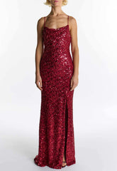 True Decadence Wine Pippa Sequin Cowl Neck Slip Maxi Dress