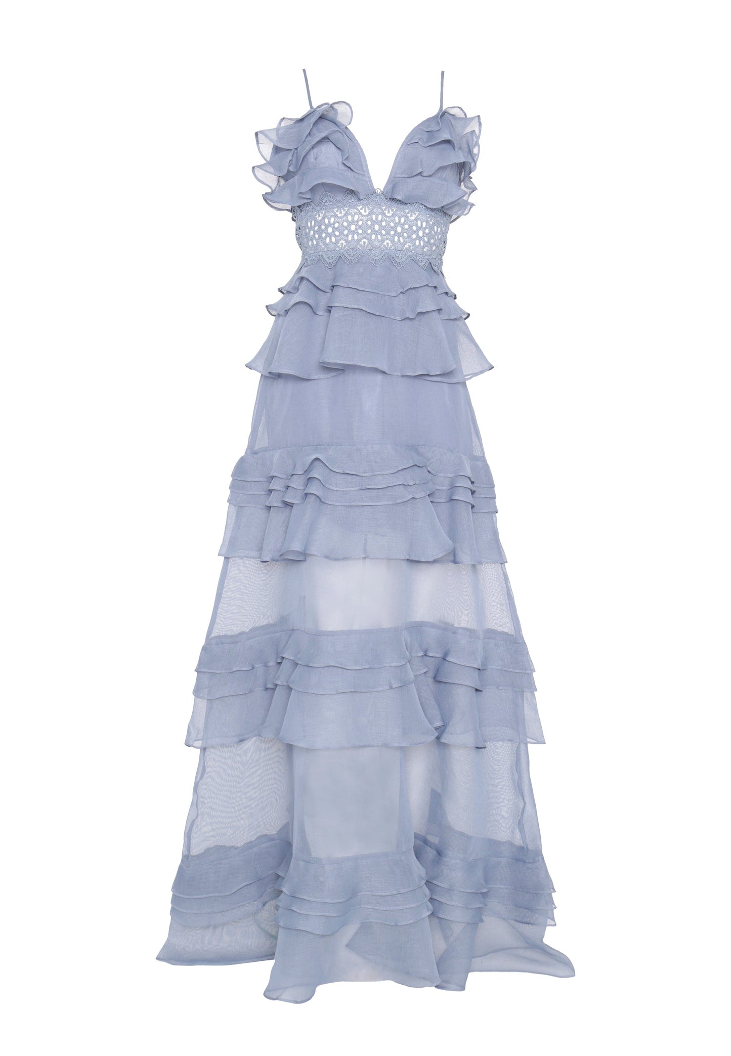 True Decadence Sophia Light Steel Blue Tiered Ruffle Maxi Dress