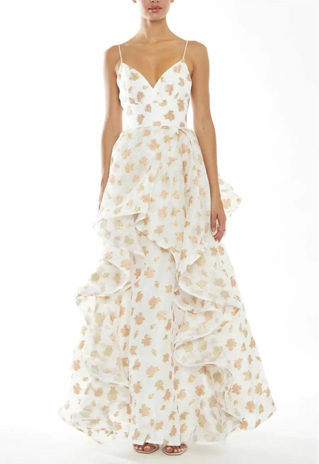 True Decadence Ingrid Peach-Floral Organza Layered Ruffle Strappy Maxi Dress