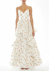 True Decadence Ingrid Peach-Floral Organza Layered Ruffle Strappy Maxi Dress