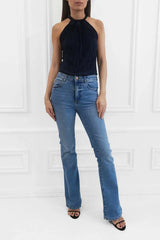 Honor Gold Millie Plisse Pleated Navy Halterneck Top