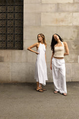 WHITE LINEN BLEND PANT WITH DRAWSTRING WAIST