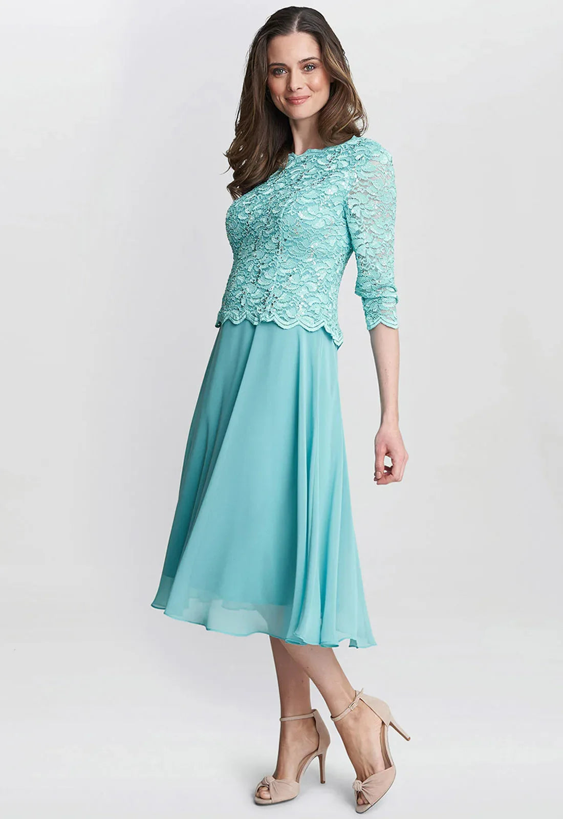 Gina Bacconi Sea Blue Rona Midi Dress With Lace Bodice & Chiffon Skirt