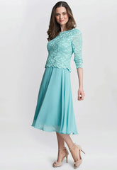 Gina Bacconi Sea Blue Rona Midi Dress With Lace Bodice & Chiffon Skirt