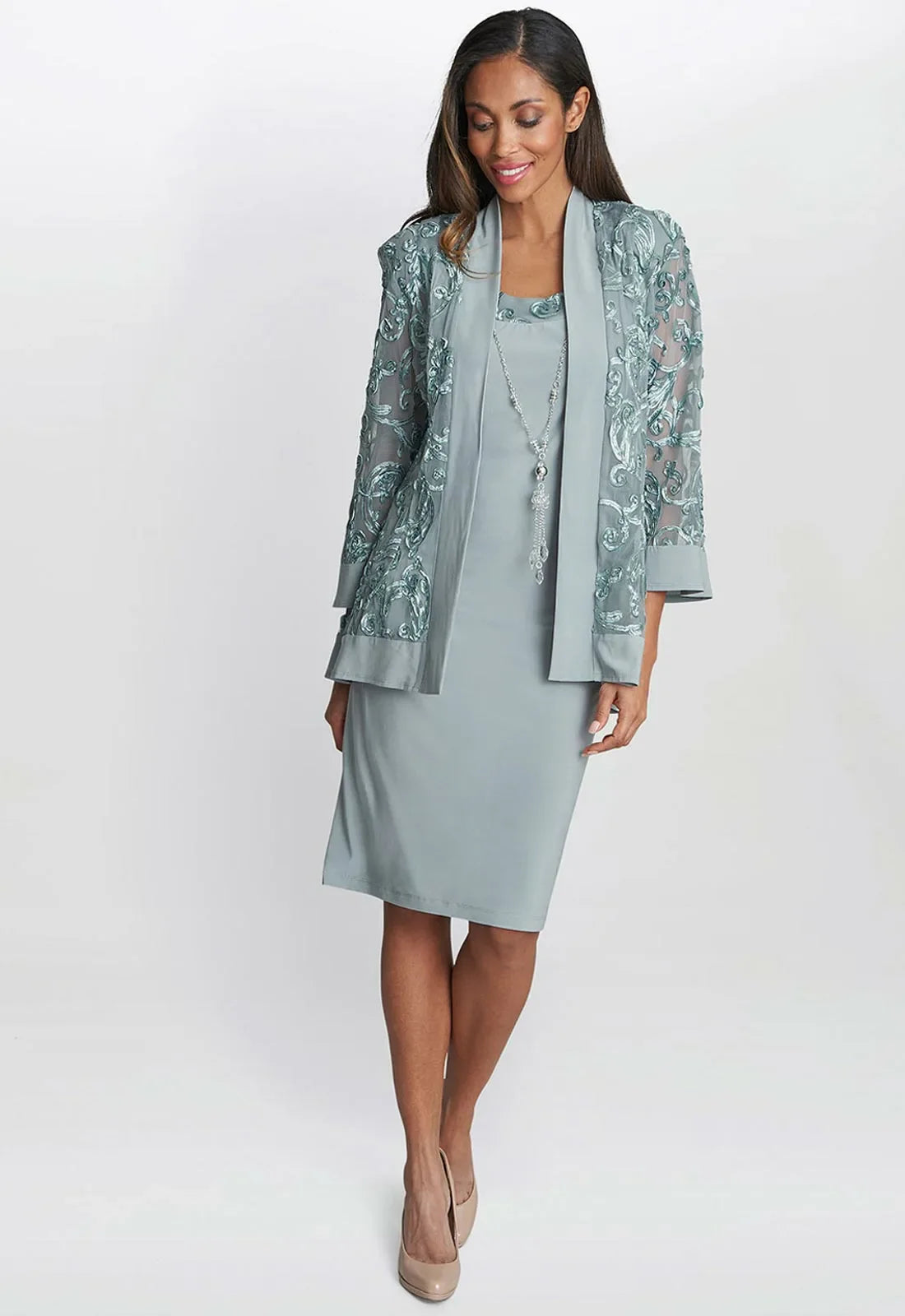 Gina Bacconi Sage Beverley Dress and Jacket with Necklace