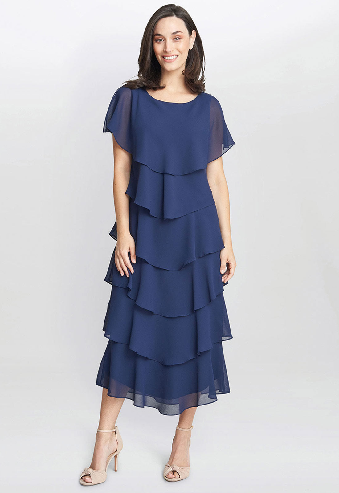 Gina Bacconi Navy Tessa Midi Tiered Dress