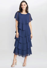 Gina Bacconi Navy Tessa Midi Tiered Dress
